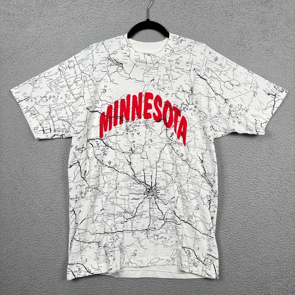 VTG Minnesota Tshirt Mens XL Whtie AOP Alll Over Print Map Graphic Tee